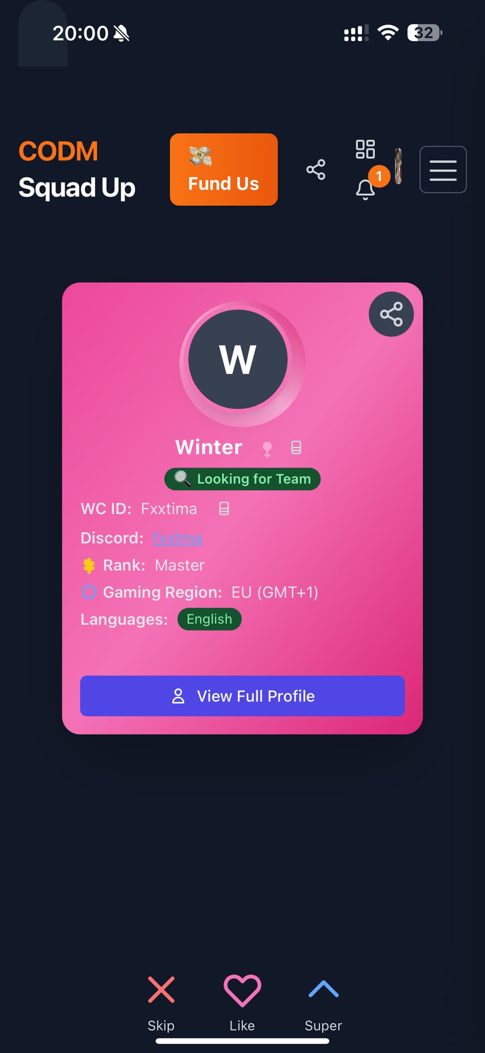 CODM SquadUp Play Store screenshot showing a player profile and team matching controls